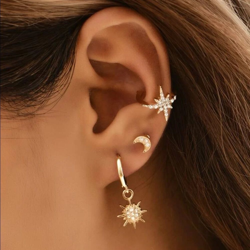 Bohemian Sun Moon Stars Celestial Faux Gold and Diamond Stud